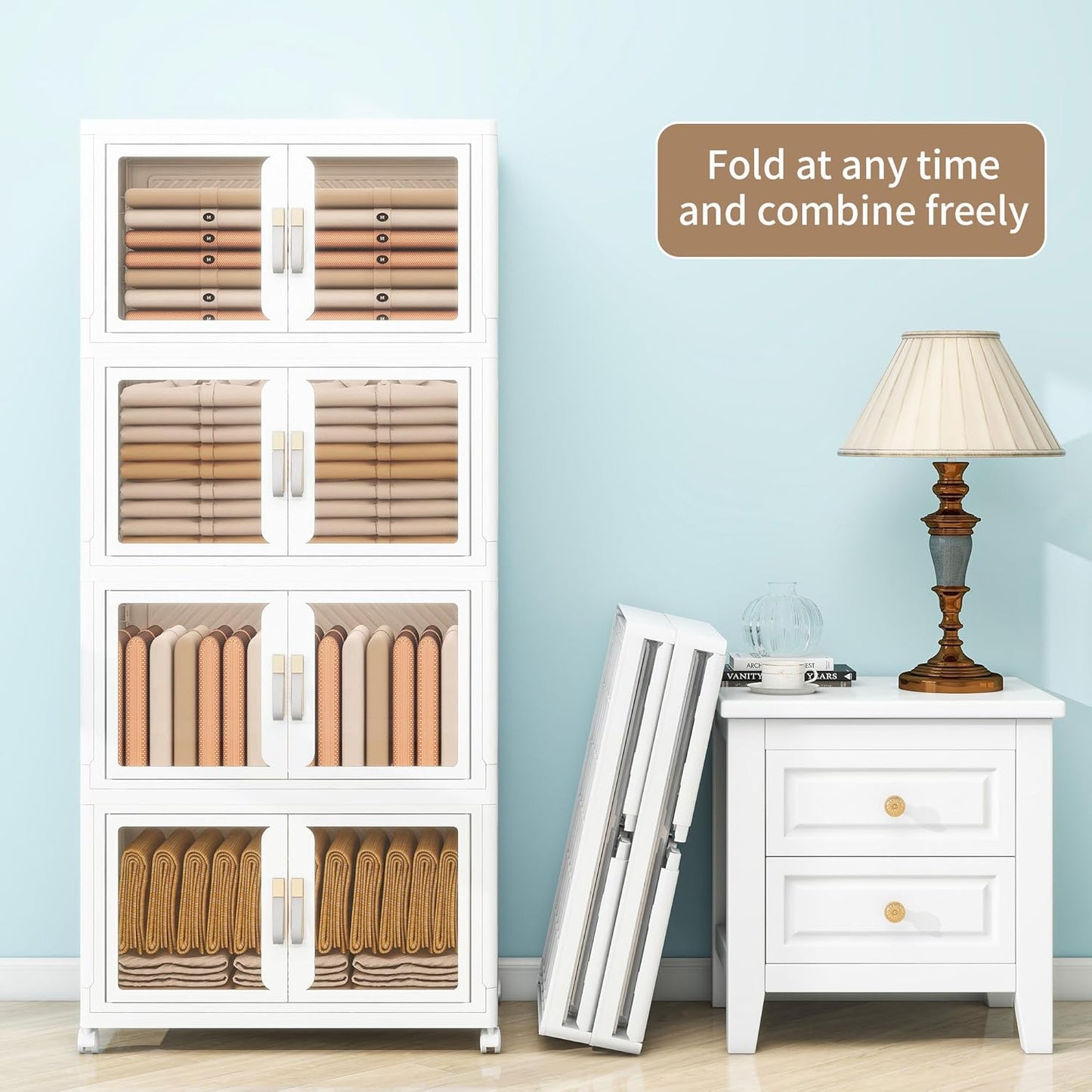 Large Stackable Storage Bins with Lids, 440QT-110QT*4Tier Foldable Cabinet for Closet Organizers, Plastic Storage Containers Box with Wheels