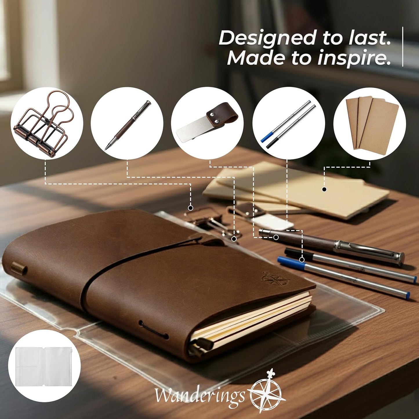 WANDERINGS Pocket Notebook Bundle - 4" x 5.1" / 10cm x 13cm - Small, Passport Size Refillable Travelers Notebook - Includes a Pen Holder with a Pen, 2 extra Ink Refills, a PVC Folder, Binder Clip