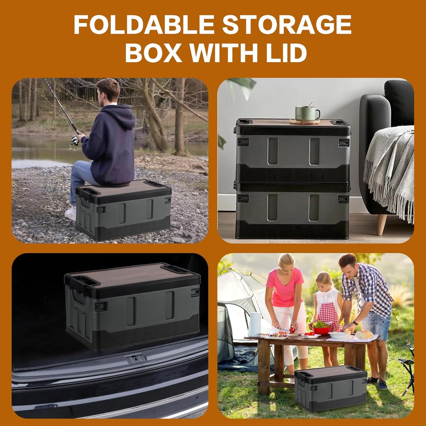 Collapsible Storage Bins with Lids, Portable Foldable Box with 2 Side Doors, Organizing Stackable Storage Cases Large Heavy Duty Utility Crates for Camp Fishing Car RV (Medium-35L)