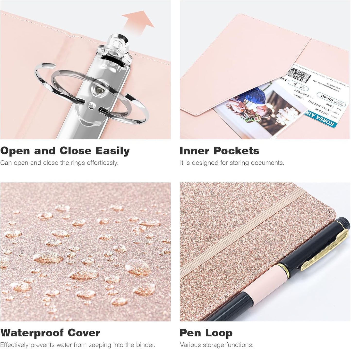 Ospelelf 3 Ring Binder with Clipboard, 2 Inch Leather, Letter Size (8.5" x 11") Dividers with 5 Tabs, Rose Gold