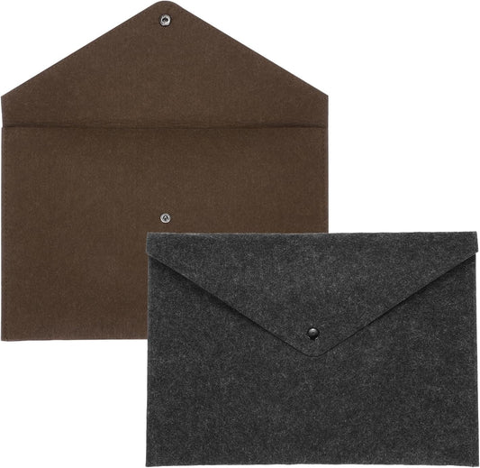 uxcell 2 Pcs Felt File Folders, A4 Envelope Folder File Document Storage Bag Portable File Folder Organizer Case with Button Closure for Office Business(Dark Brown/Grey)