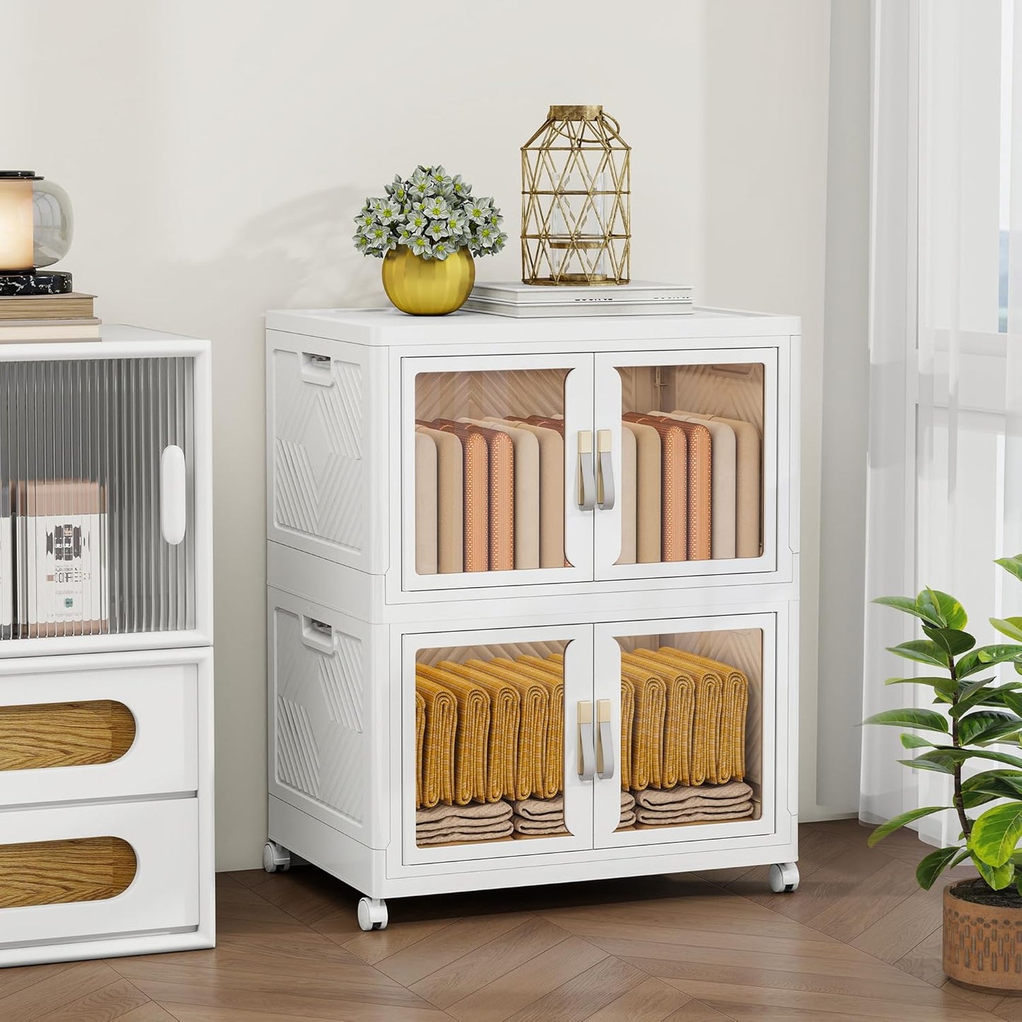 Large Stackable Storage Bins with Lids, 220QT-110QT*2Tier Foldable Cabinet for Closet Organizers, Plastic Storage Containers Box with Wheels