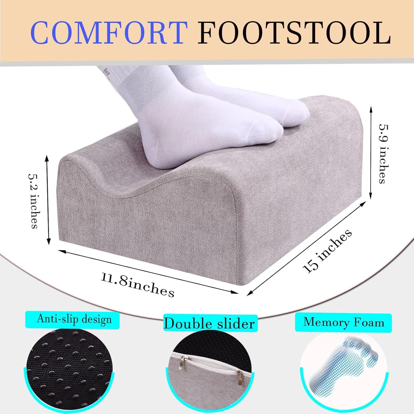 Foot Rest for Under Desk at Work, Ergonomic Under Desk Footrest with Washable Cover, Memory Foam Foot Stool for Office Chair & Gaming Chair, Back & Hip Pain Relief, Light Grey