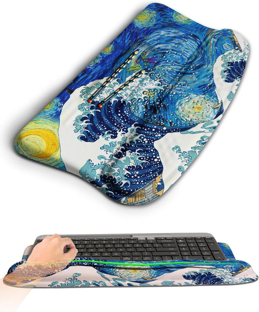 Ergonomic Wave Wrist Rest with Keyboard Stand, Cushioned Palm Rest, Comfortable Integrated Memory Foam for Natural Typing and Relieve Wrist Pain, Starry Night Waves