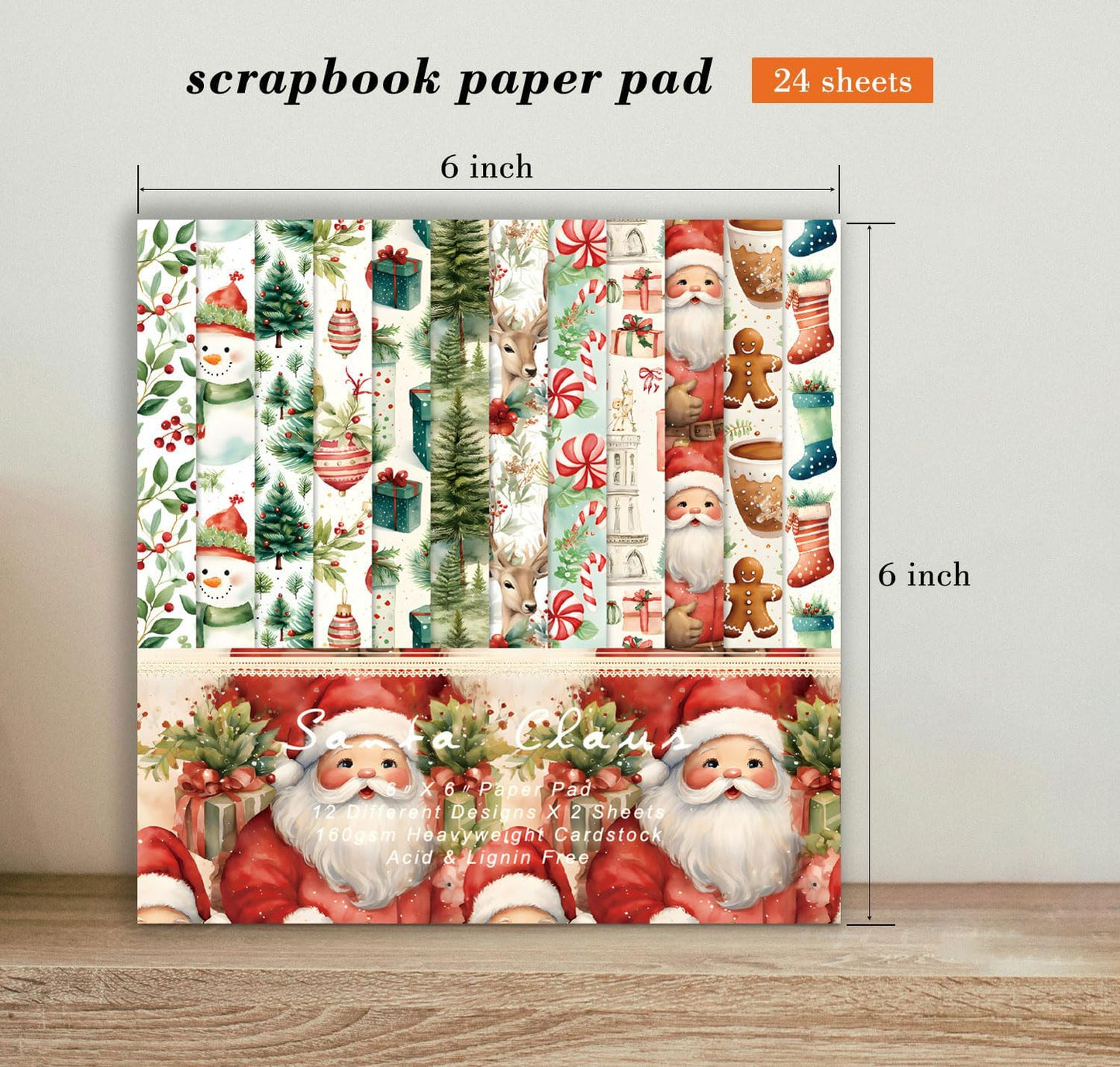 Christmas Scrapbook Paper Pad 6''x 6'' - 24 Sheets Santa Claus Snowman Patterned Designed Decorative Decoupage Folded Card Material DIY Crafts Wrapping Planners Journals Photo Album