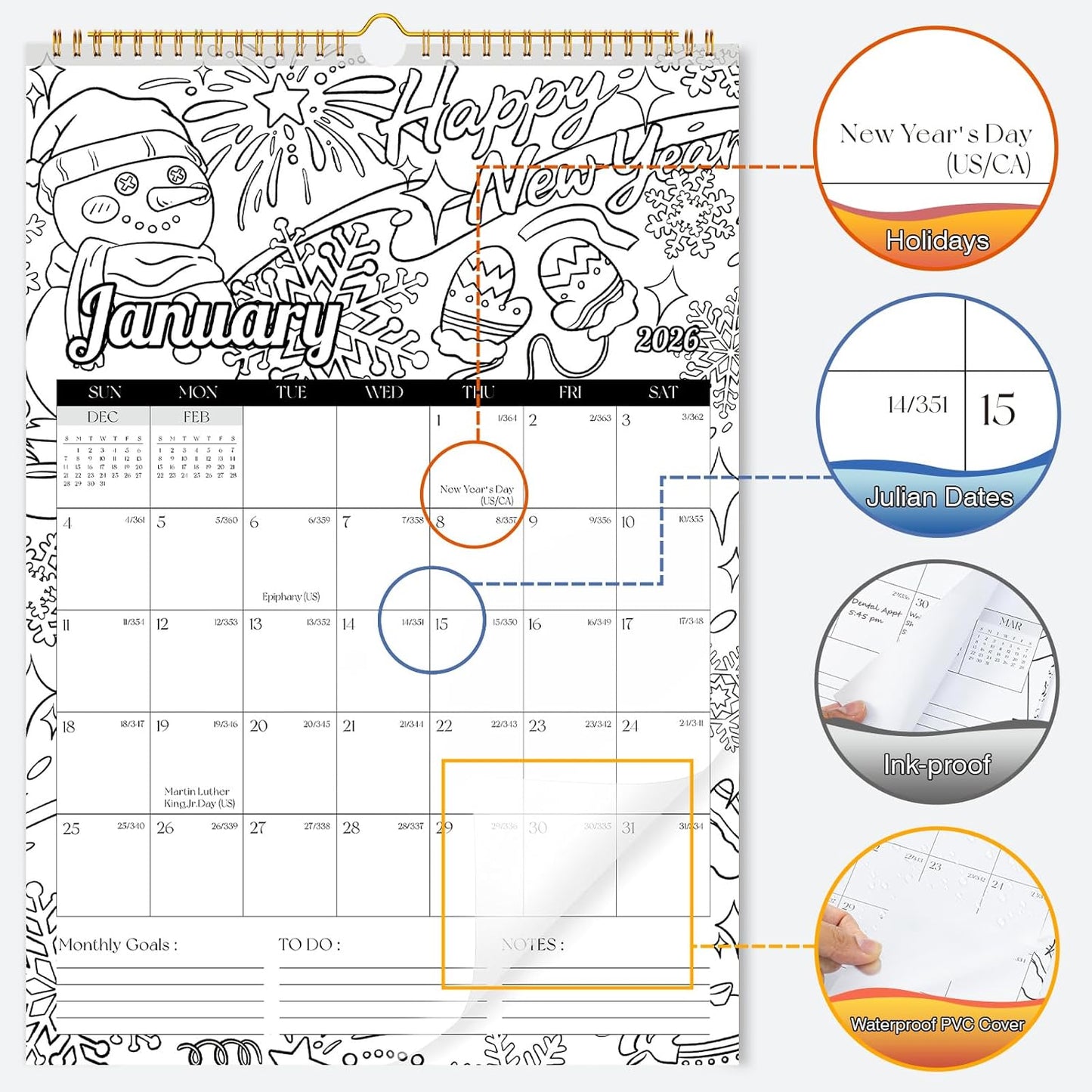 Ospelelf 2026 Wall Calendar 12'' x 17'' Family Coloring Calendar for Adults, Kids, Monthly Calendar Planner with Plastic Cover, 18 Month Calendars, Use Jan 2026 - June 2027, Season