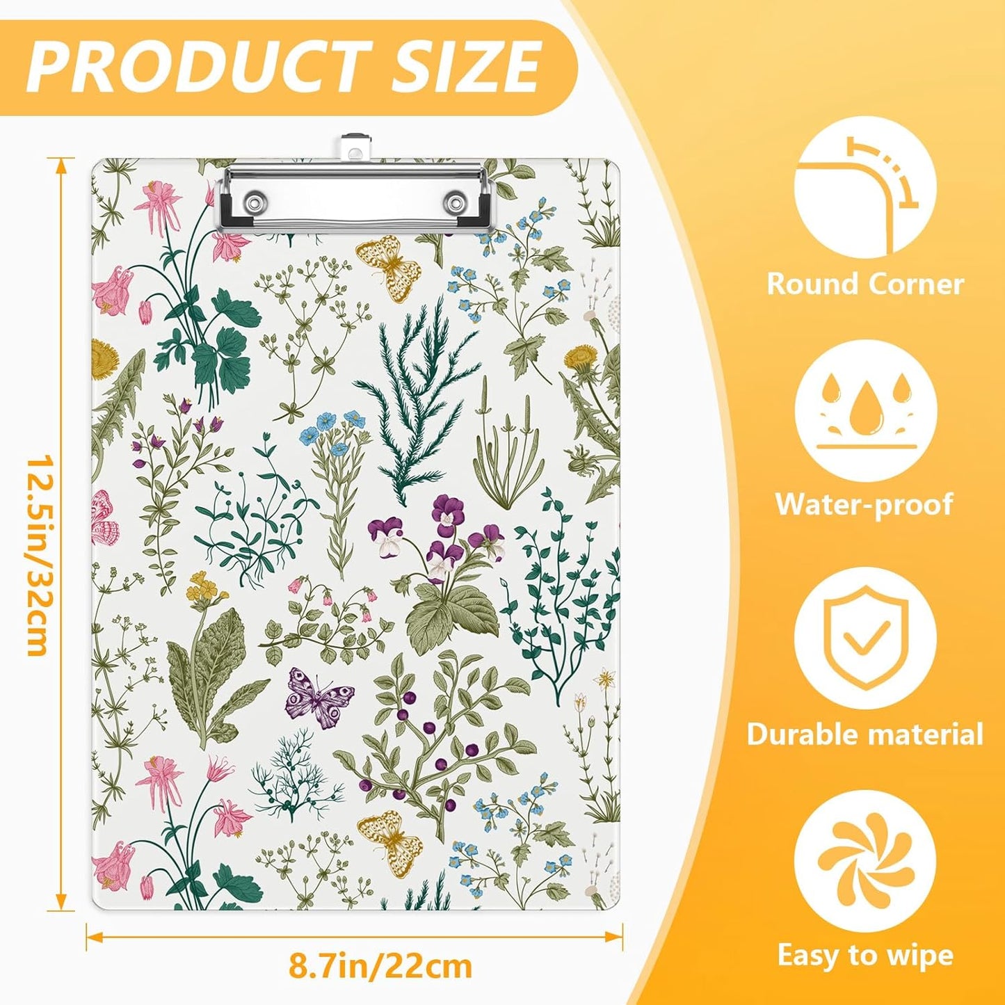 Vintage Floral Clipboard, Plants Herbs Flower Decorative Clip Board with Metal Clip Cute Plastic Clipboards A4 Standard Size 8.5" x 12.5" for Nurses, Students, Office