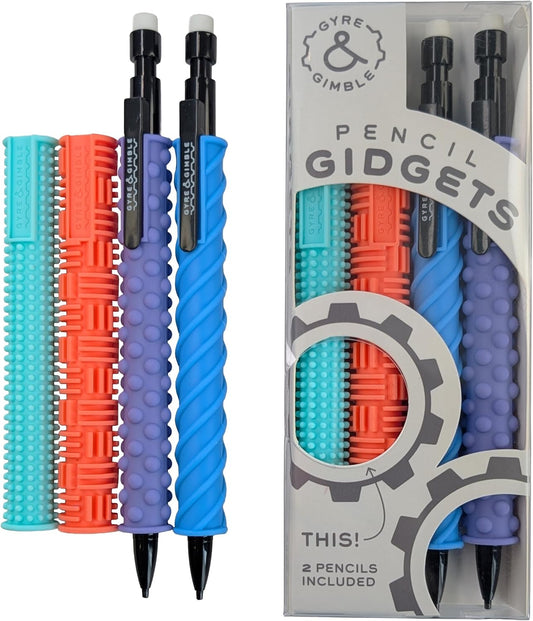 Gyre & Gimble Pencil Gidgets – Textured Silicone Pencil Sleeve for Quiet Fidgeting – Transform Your Mechanical Pencil into a Sensory ADHD Tool for Kids and Adults – 4 Sleeves & 2 Pencils