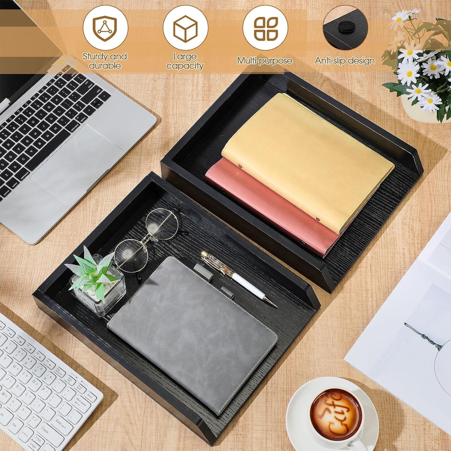 2 Pcs Wooden Letter Trays Wood Letter-Size Desk Organizer Heavy Duty 2 Tier Stackable Supports Paper Tray Desktop Drawer Organizer File Folder Magazine Office Accessories (Black)