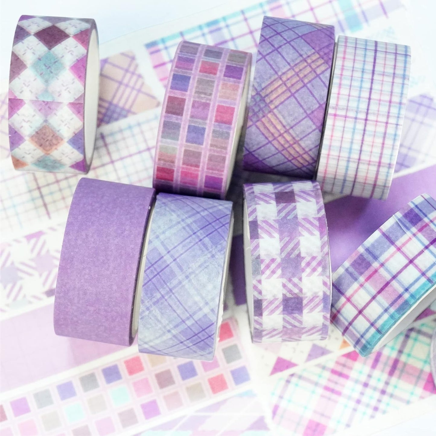 YUBX Basic Grid Washi Tape Set 12 Rolls Plaid Decorative Masking Tapes for Arts, DIY Crafts, Journals, Planners, Scrapbook, Wrapping (Purple)
