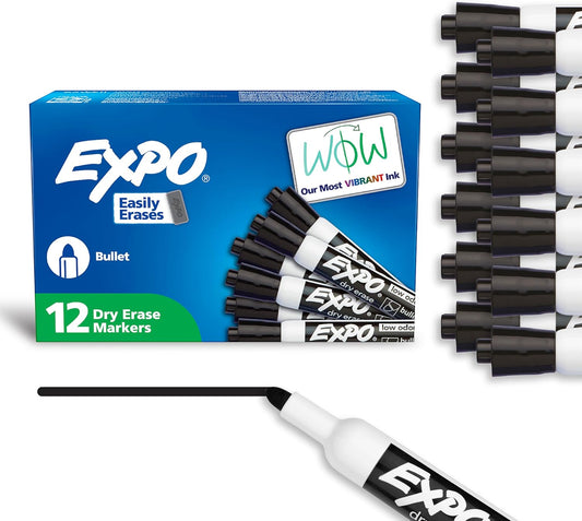 EXPO Low Odor Dry Erase Markers Bullet Black 12 Pack for Whiteboards Glass and Non-porous Surfaces. Ideal for Classrooms Offices and Homes