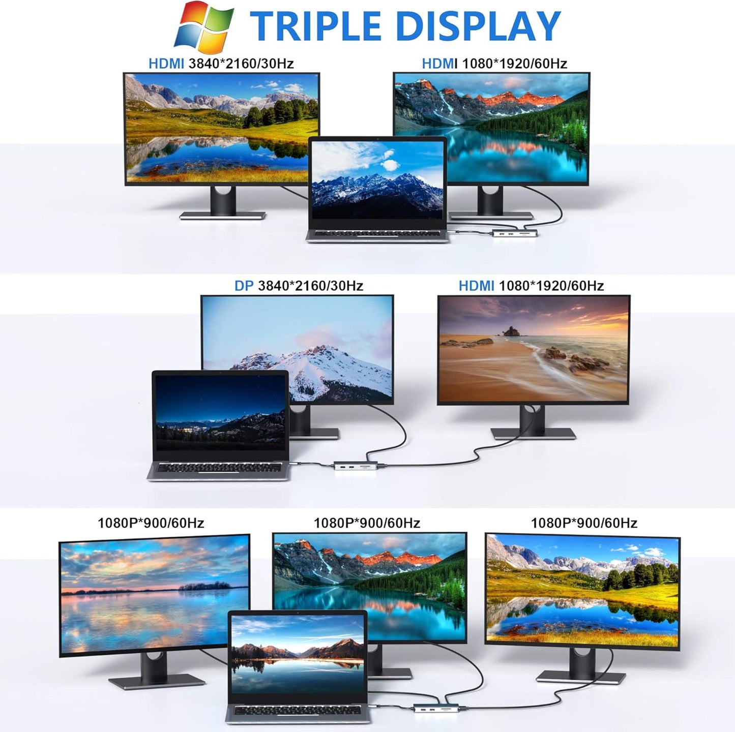 Docking Station, USB C Adapter, 9 in 1 Triple Display Multiport Dongle with 2 HDMI 4K, DisplayPort, 3 USB, 100W PD, SD/TF Card Reader for MacBook Pro Air Type C Laptops