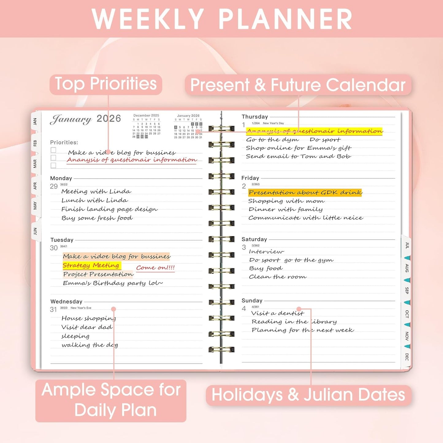 Ymumuda Academic Planner 2026, Daily Weekly and Monthly Calendar Planner (Jan. 2026-Dec. 2026),8.4"×6.3", Hardcover Notebook Teacher Supplies, Premium Thick Paper, Planners for School Work Office