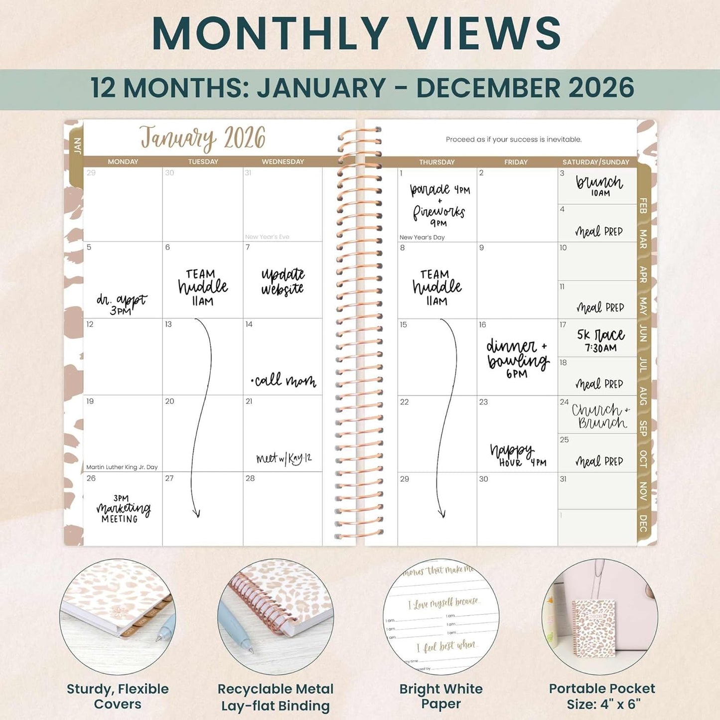 bloom daily planners 2026 Pocket Planner - 4” x 6” - (January 2026 - December 2026) - MINI Weekly/Monthly Agenda Organizer & Calendar Book - Tan Leopard