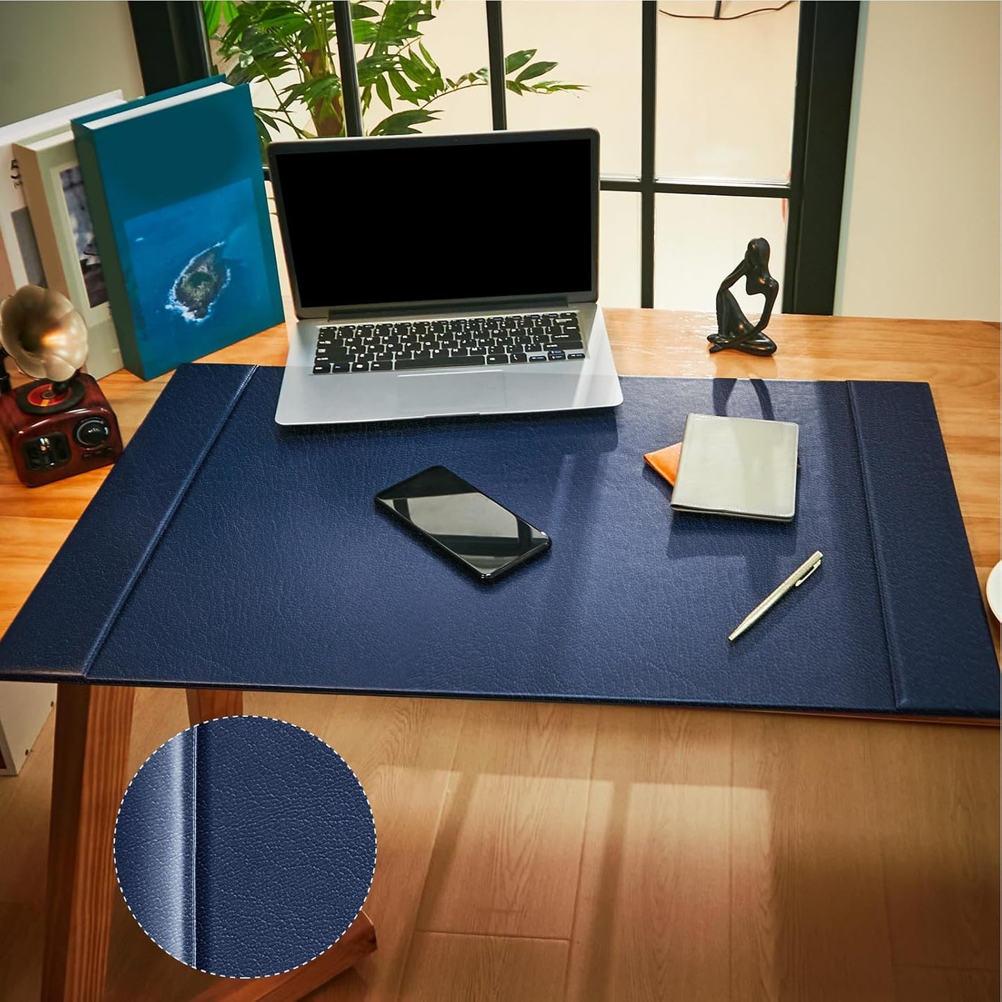 Leather Desk Pad Protector 30" x 18" Leather Desk Blotter with Side Rails Desk Mat for Office Home Workplace Desktop Writing Board Christmas Gifts for Dad Husband(Blue)