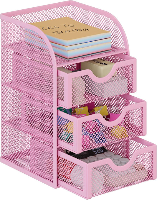 EasyPAG Mesh Desk Organizer with 3 Drawer Office Desktop Organizers and Accessories Stationery Caddy for Office, Home, Students, Pink