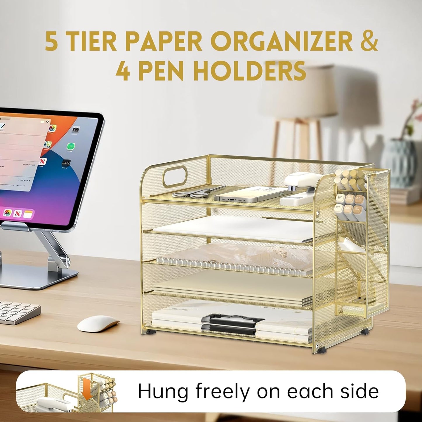 SUPEASY 5 Tier Desk Organizer with Handle & Removable Pen Holders, Mesh Paper/File Organizer for Desk, Paper Letter Tray Organizer for Office Supplies, Gold