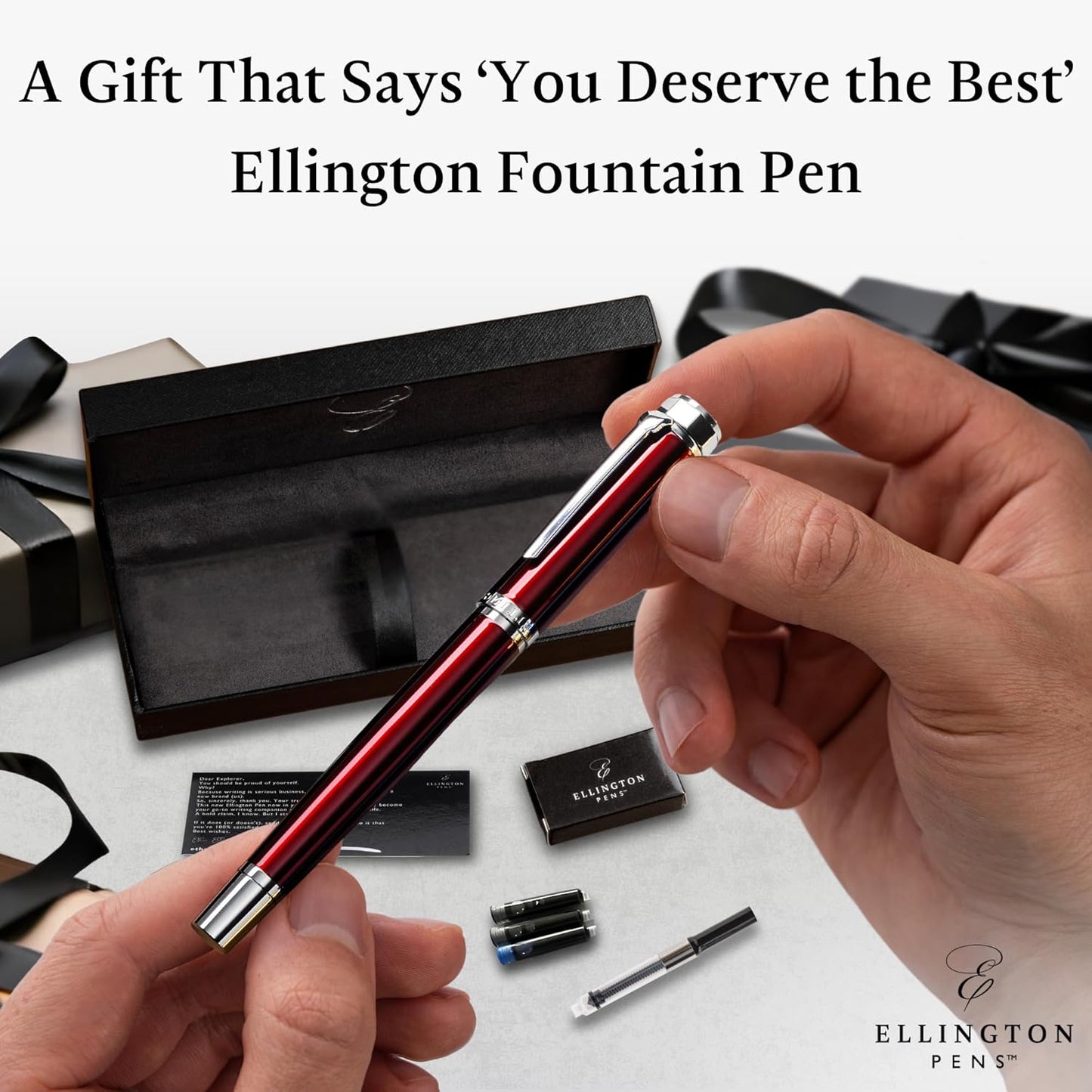 Ellington Pens Luxury Fountain Pen Set - Smooth Medium Nib- Includes 3 Ink Cartridges, Refillable Ink Converter, Gift Box- Fountain Pens For Writing, Calligraphy, Journaling, Sketching (Scarlet Slate)