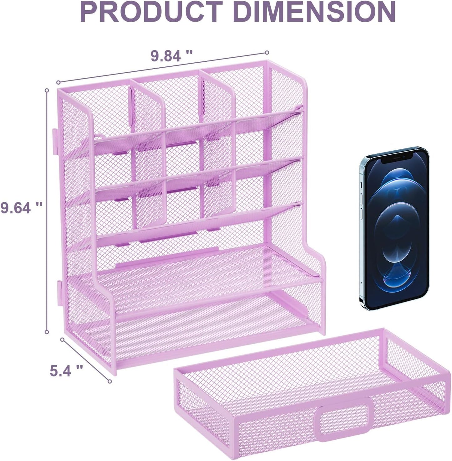 Marbrasse Larger Mesh Desk Organizer with Drawer, Multi-Functional Pen Pencil Holder, Easy Assembly, Desk Organizers and Accessories for Office Art Supplies (Purple)