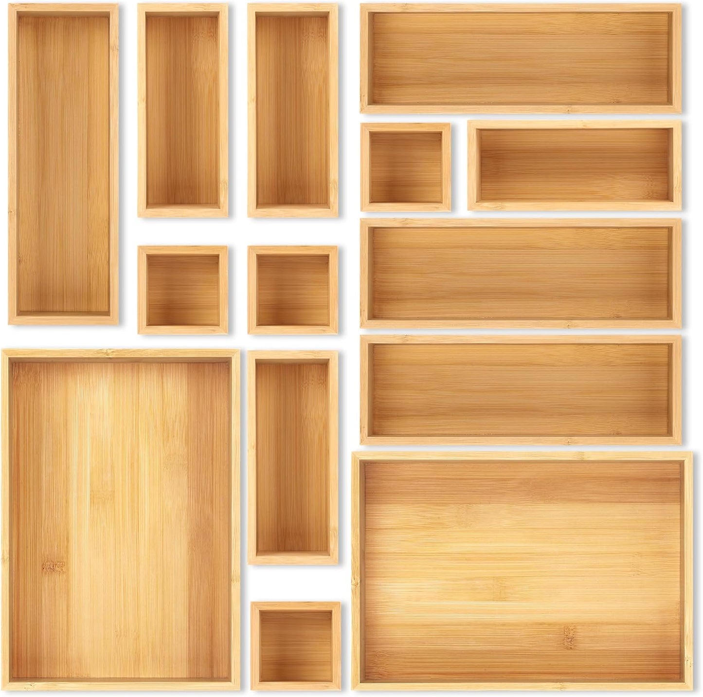 Bamboo Drawer Organizer Set, 14 PCS Multi-Use Individual Wood Storage Organizers, Junk Drawer Divider and Storage Trays Containers for Kitchen, Bathroom, Office Desk, Makeup, Jewelry, Utensils
