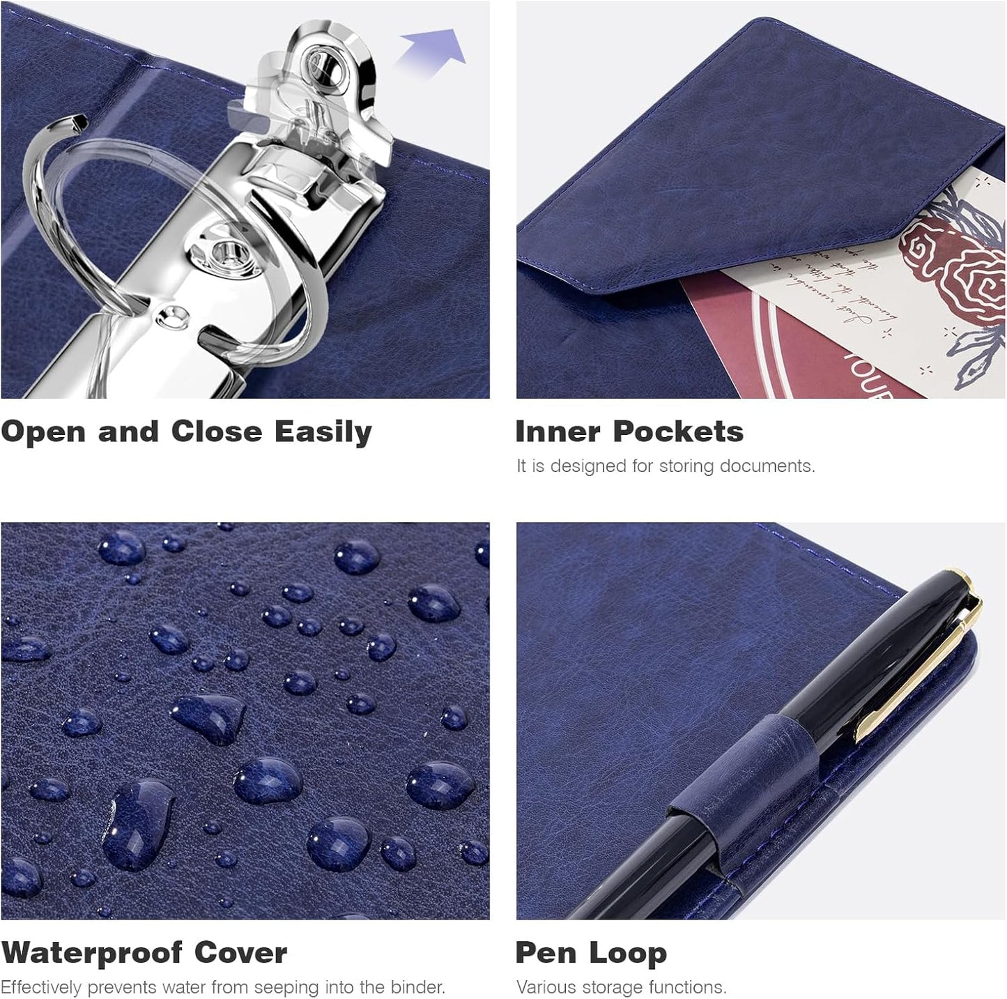 Ospelelf 2 Inch Mini Binder 3 Ring, Vintage Leather Clipboard Binders Dividers with Tabs 5.5" x 8.5", Professional Binder Organizer, Navyblue