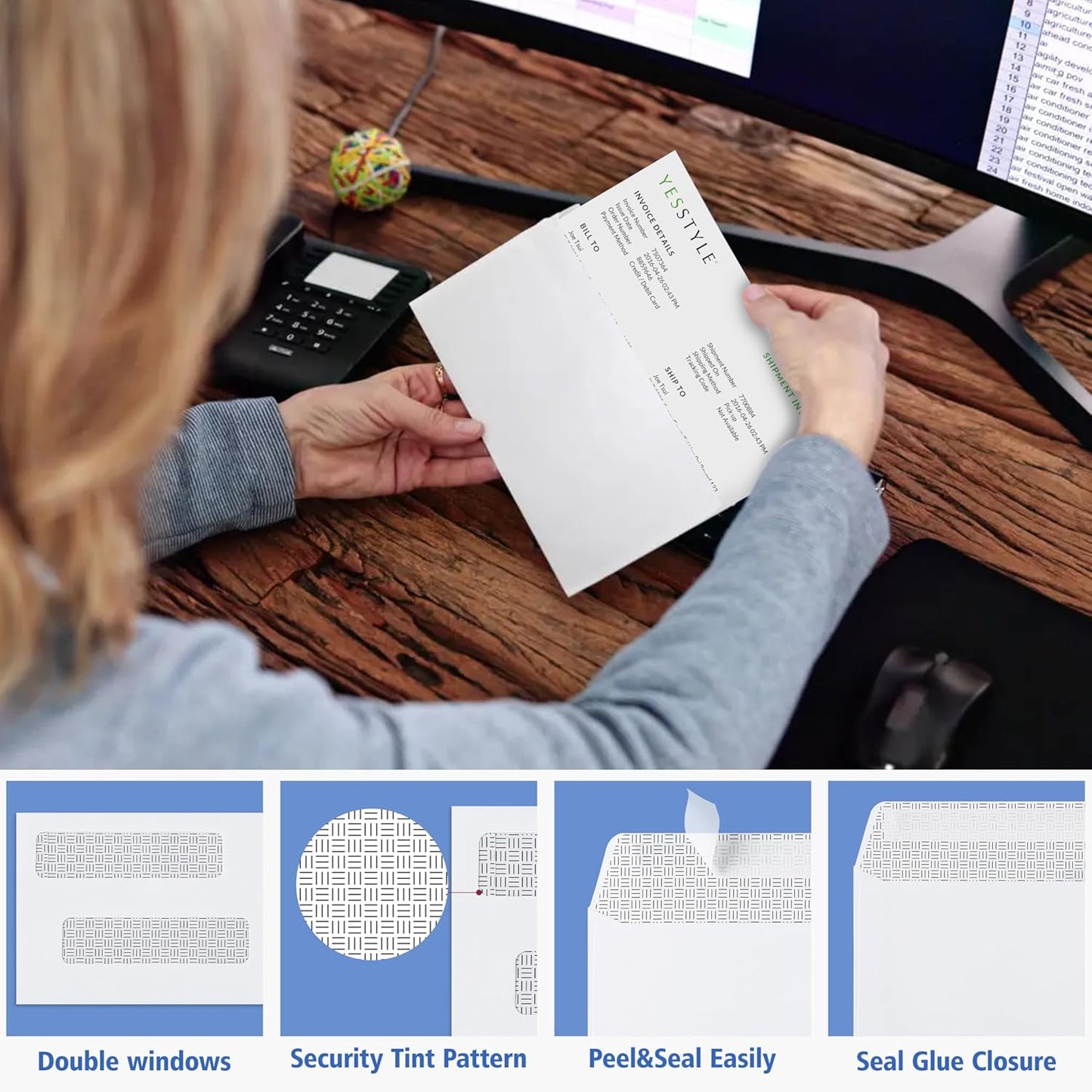 #8 Double Window Security Check Envelopes,70 Count Double Window Self Seal Security Envelopes,No.8 Double Window Bussiness Envelopes Designed for Checks/Tax Form/Invoices/Business Correspondence