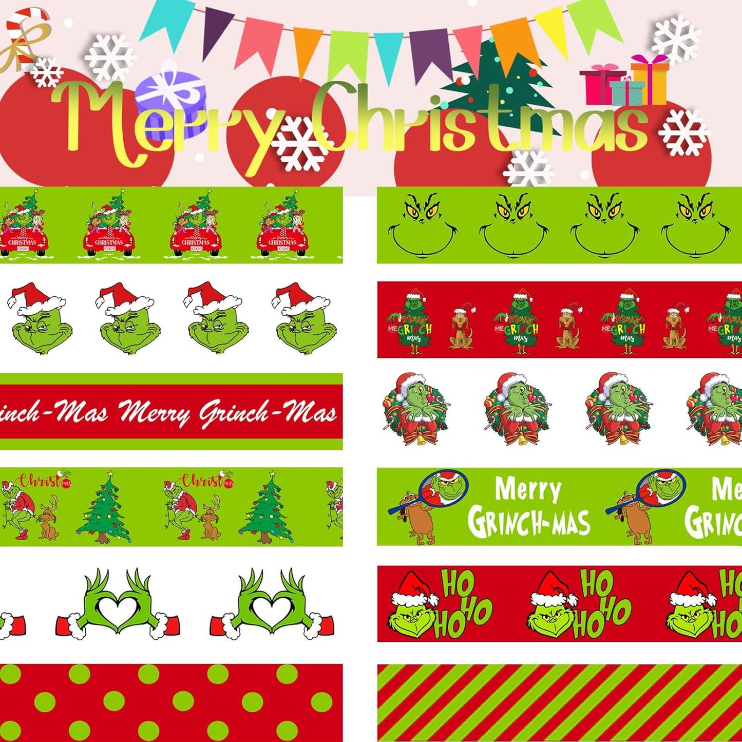 12 Rolls Christmas Washi Tape - Festive Cartoon Characters, Green & Red Xmas Decorative Masking Tape for Scrapbooking, Journals, Calendars, DIY Crafts & Gift Wrapping (16.4ft x 0.6")"