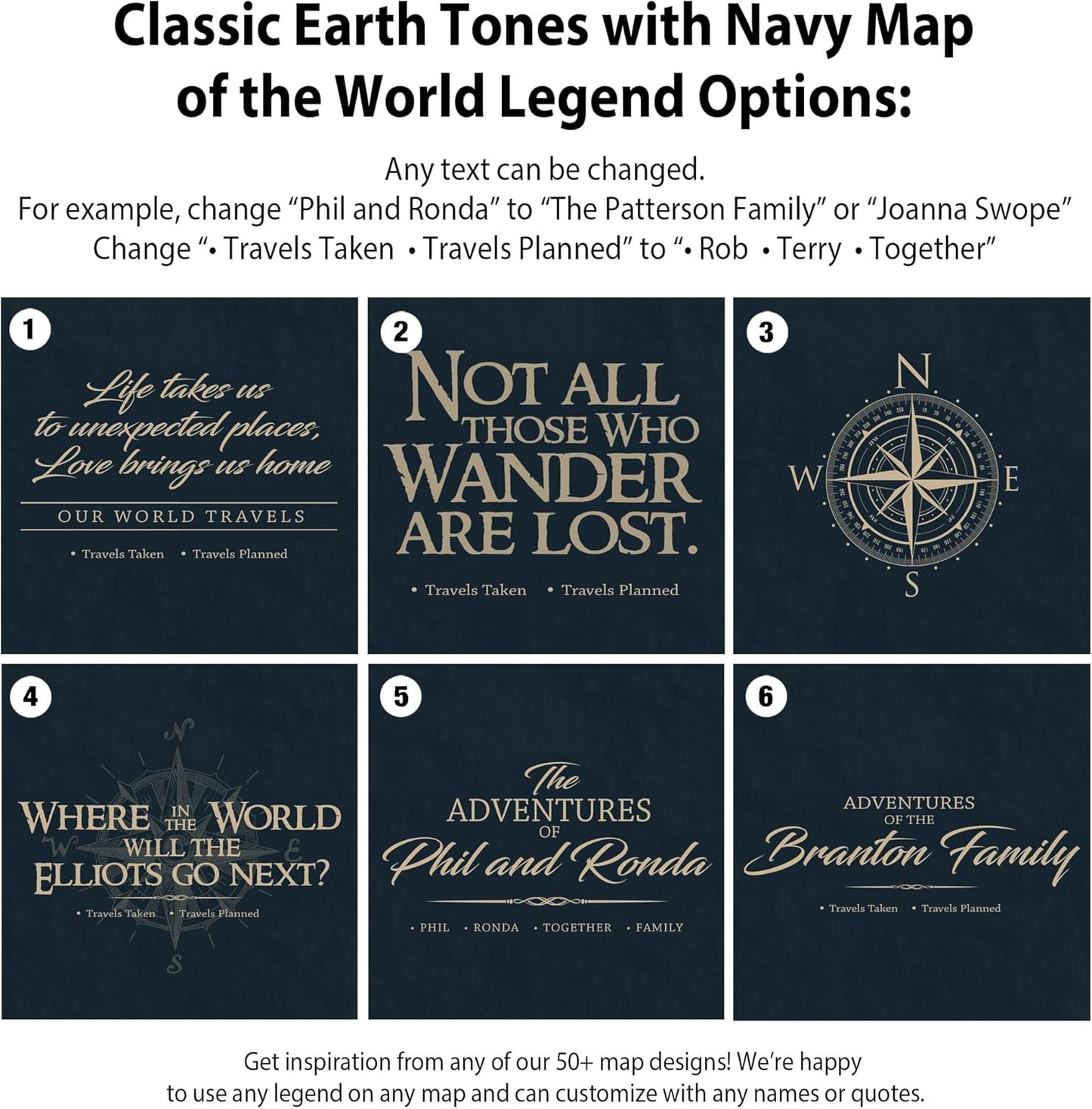 HolyCowCanvas Personalized Push Pin World Map on Canvas in Classic Earth Tones on Navy Background, World Map Pin Board, Travel Tracker to Mark Places Traveled (48x30, Rolled/Unframed)