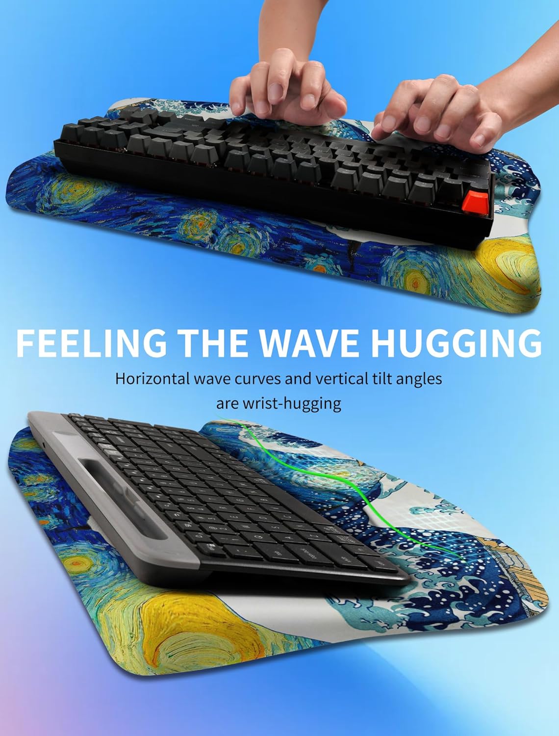 Ergonomic Wave Wrist Rest with Keyboard Stand, Cushioned Palm Rest, Comfortable Integrated Memory Foam for Natural Typing and Relieve Wrist Pain, Starry Night Waves