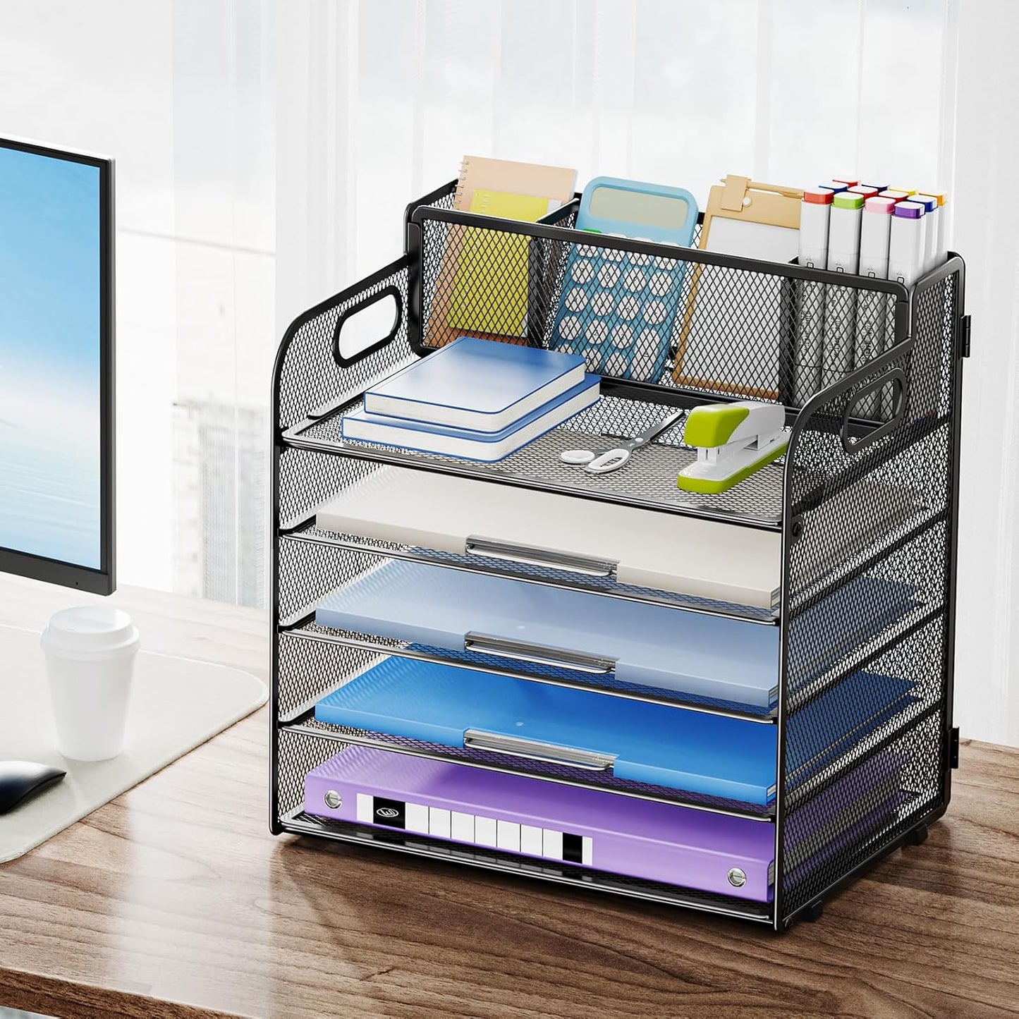 Marbrasse 5 Tier Paper Organizer with 3 Pen Holders, Mesh Desk File Organizers with Handle, Paper Sorter Desk Organizer for Home Office Supplies(Black)