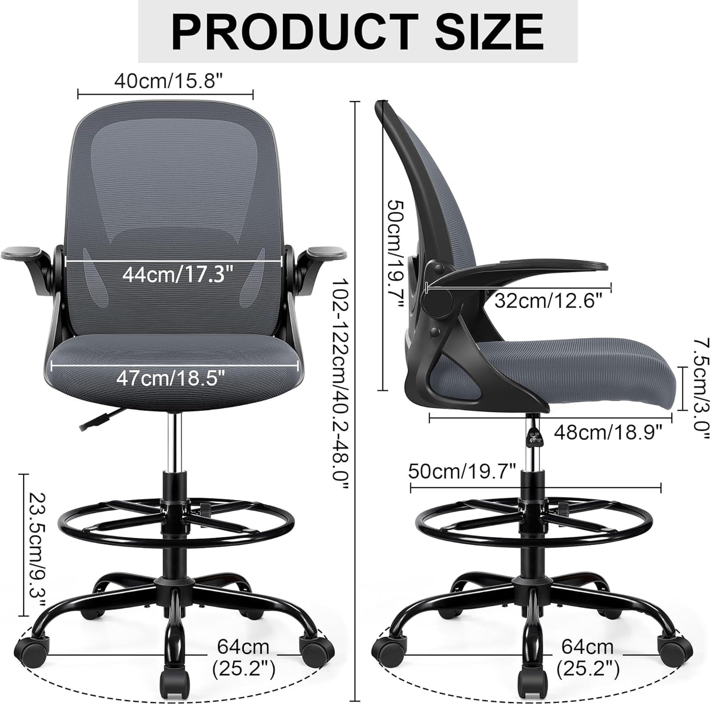 Drafting Chair Tall Office Chair with Flip-up Armrests, Adjustable Height, Enhanced Lumbar Support Ergonomic Rolling Stool, Back Support, Adjustable Foot Rest Ring for Standing Desk Dark Gray