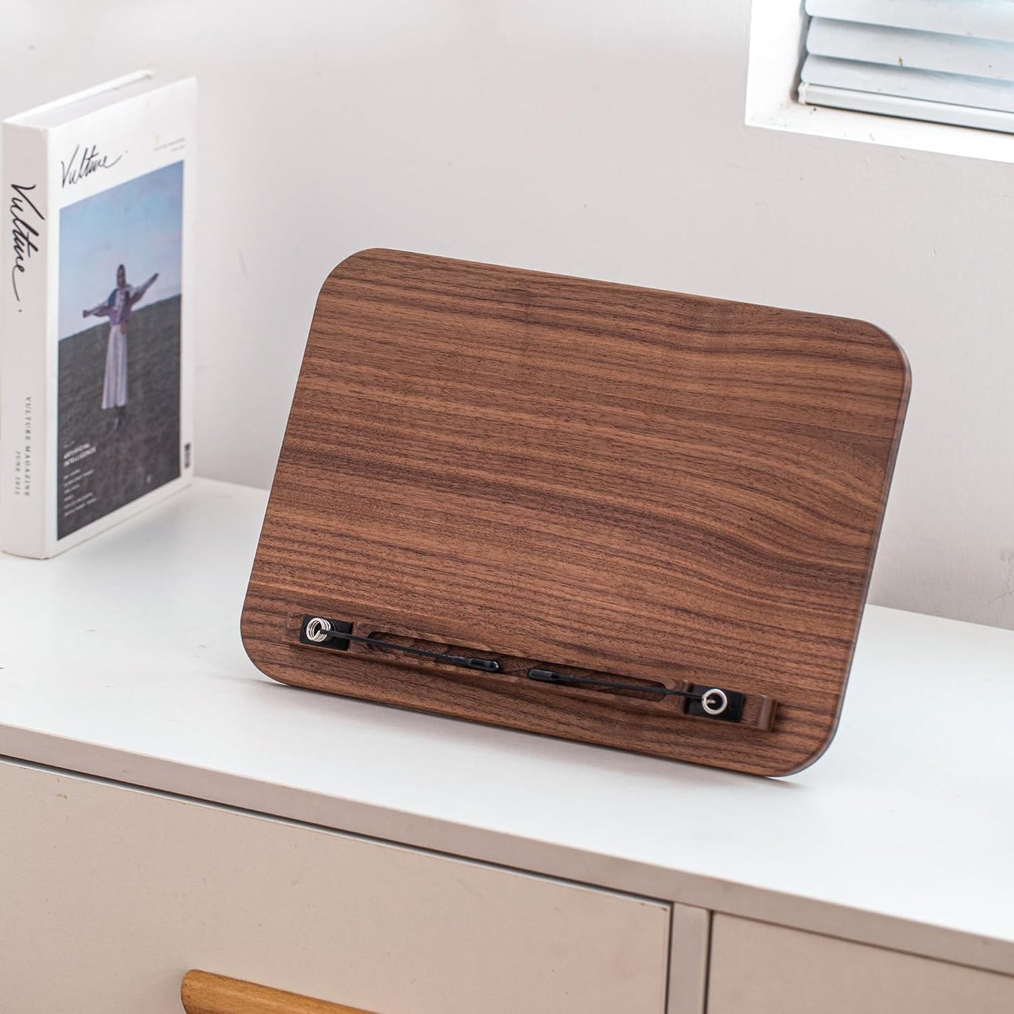 Portable Book Stand for Reading, Adjustable Wooden Laptop Stand. Foldable Desktop Stand for Cookbook, Fits All Books (Walnut, Chinoiserie Simple)