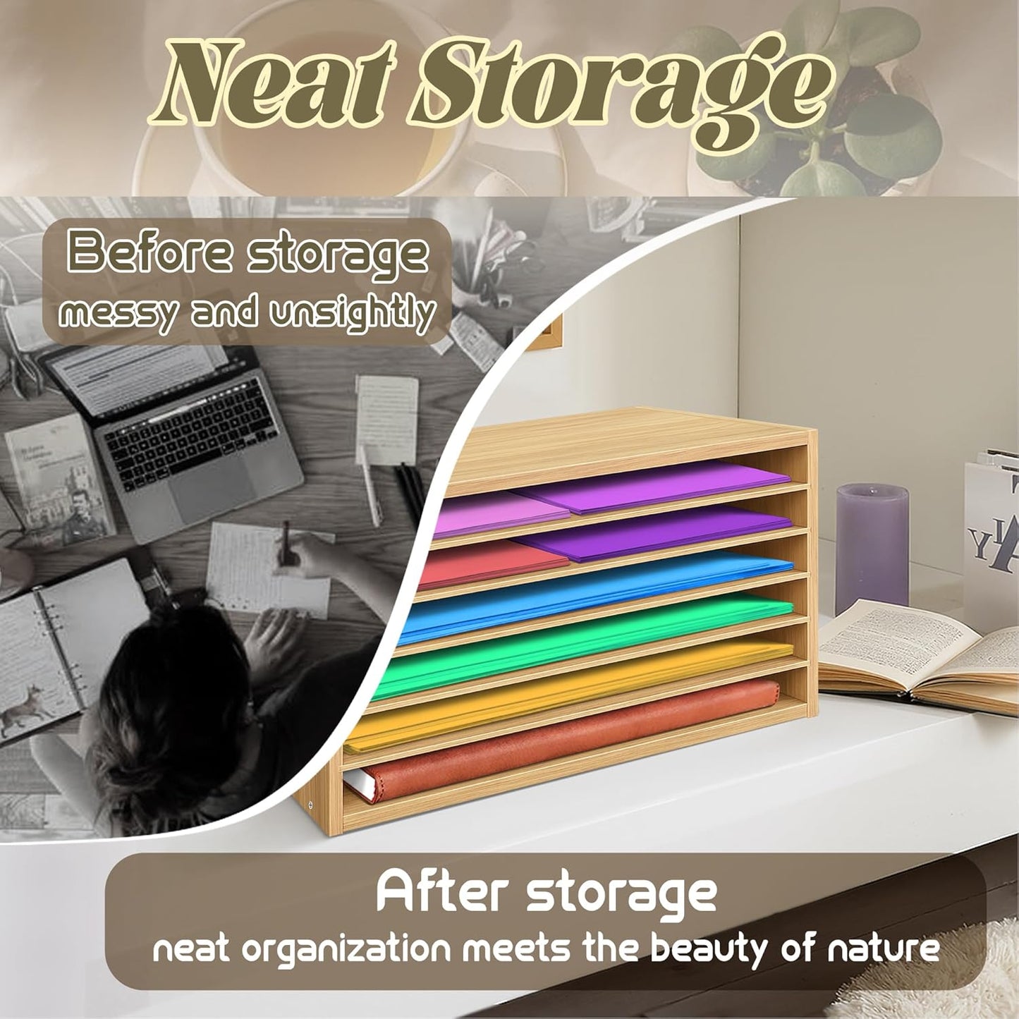 PROLEE Construction Paper Organizer 20" x 13.5" x12.2",Soild Wooden Paper Organizer with 6-Tier Letter Trays, Desktop File Papers Sorter for Home, Classroom and Office (Oak)