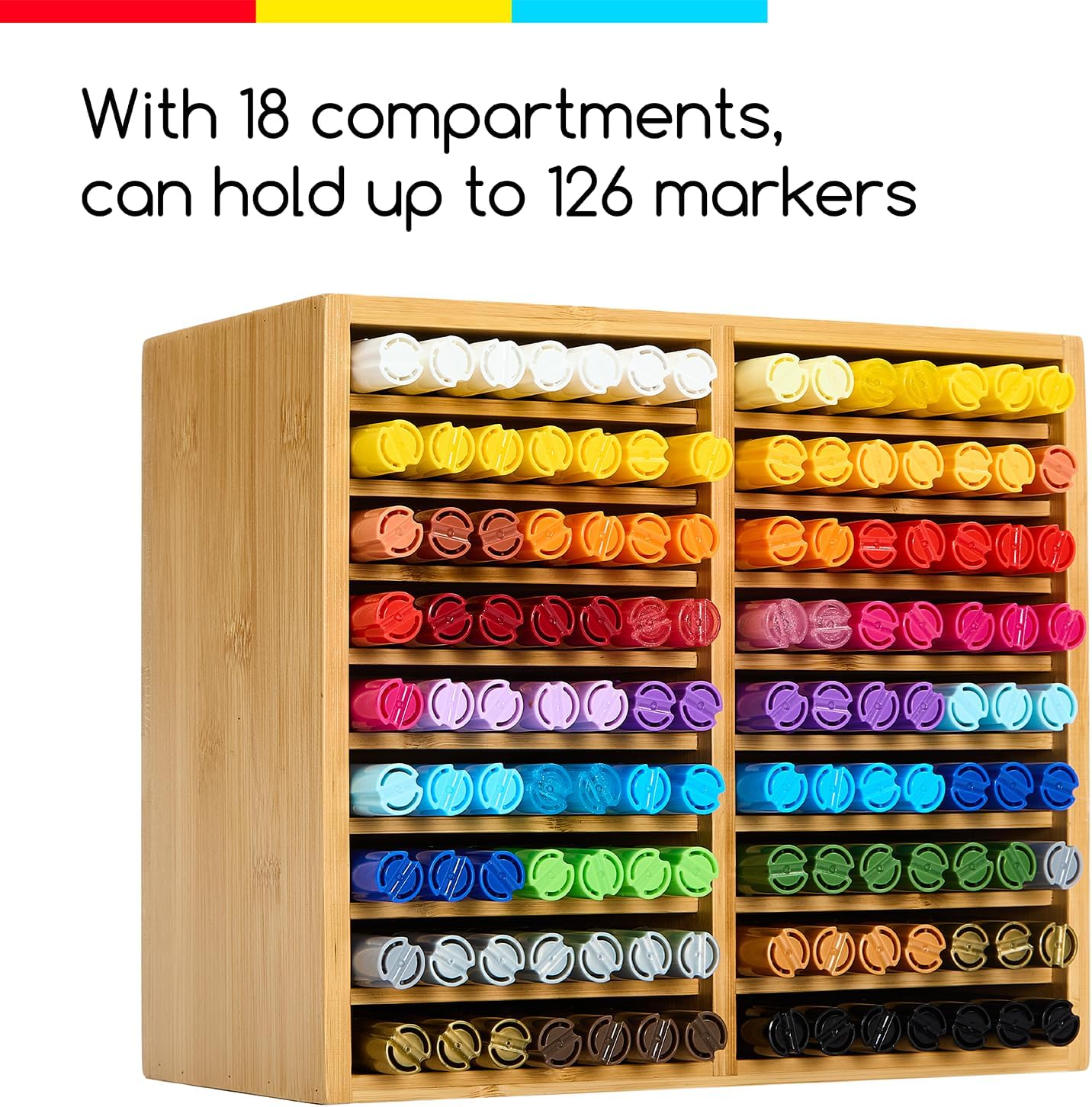 MEEDEN Bamboo Marker Holder Organizer: Holds 126 Pens with 18 Compartments- Art Supply Storage & Holder for Alcohol Markers，Pens，Pencils