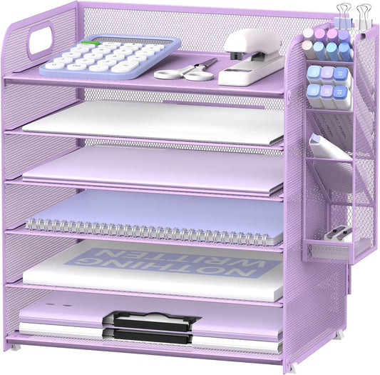 SUPEASY 6 Tier Paper Organizer with 4 Pen Holders, Mesh Letter Tray with Handle, A4 File Organizer, Purple