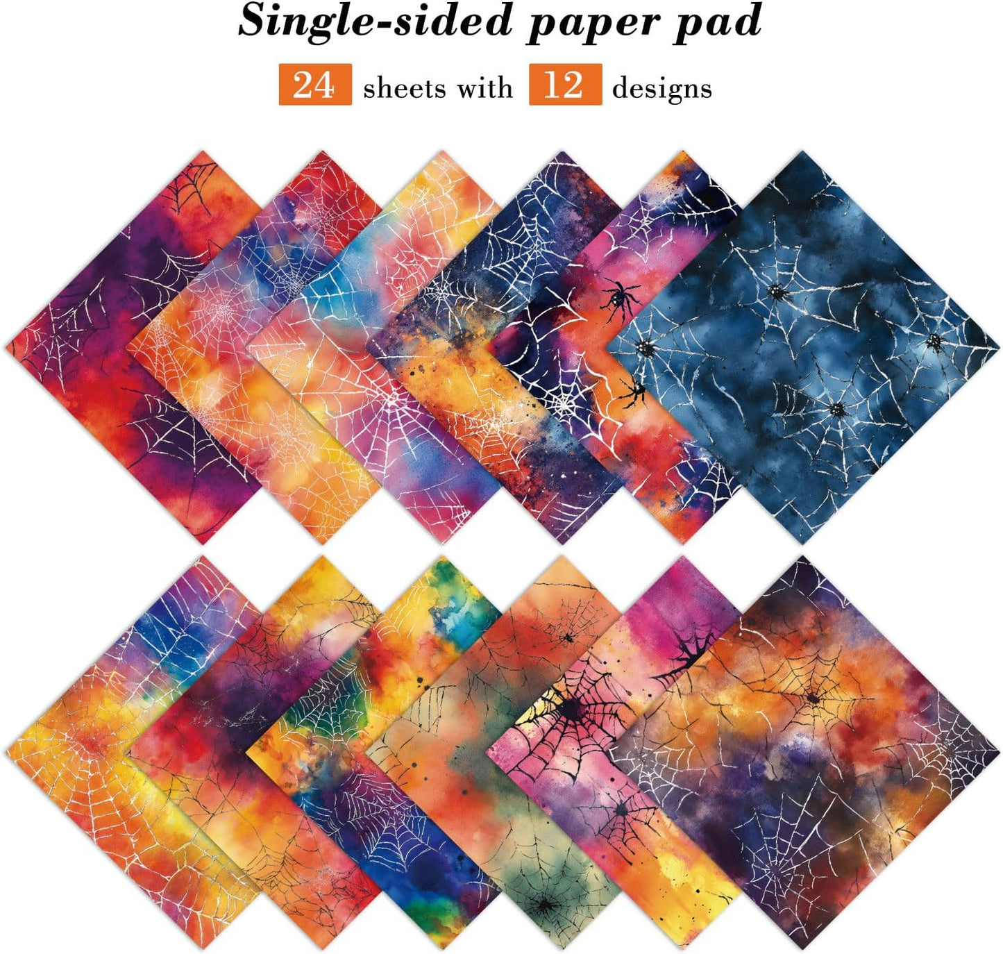 6x6 In Colorful Scrapbook Paper Pad - 24 Sheets Spiderweb Patterns Designed Decorative Decoupage Folded Card Making Material for Journals DIY Crafts Gift Wrapping Planners
