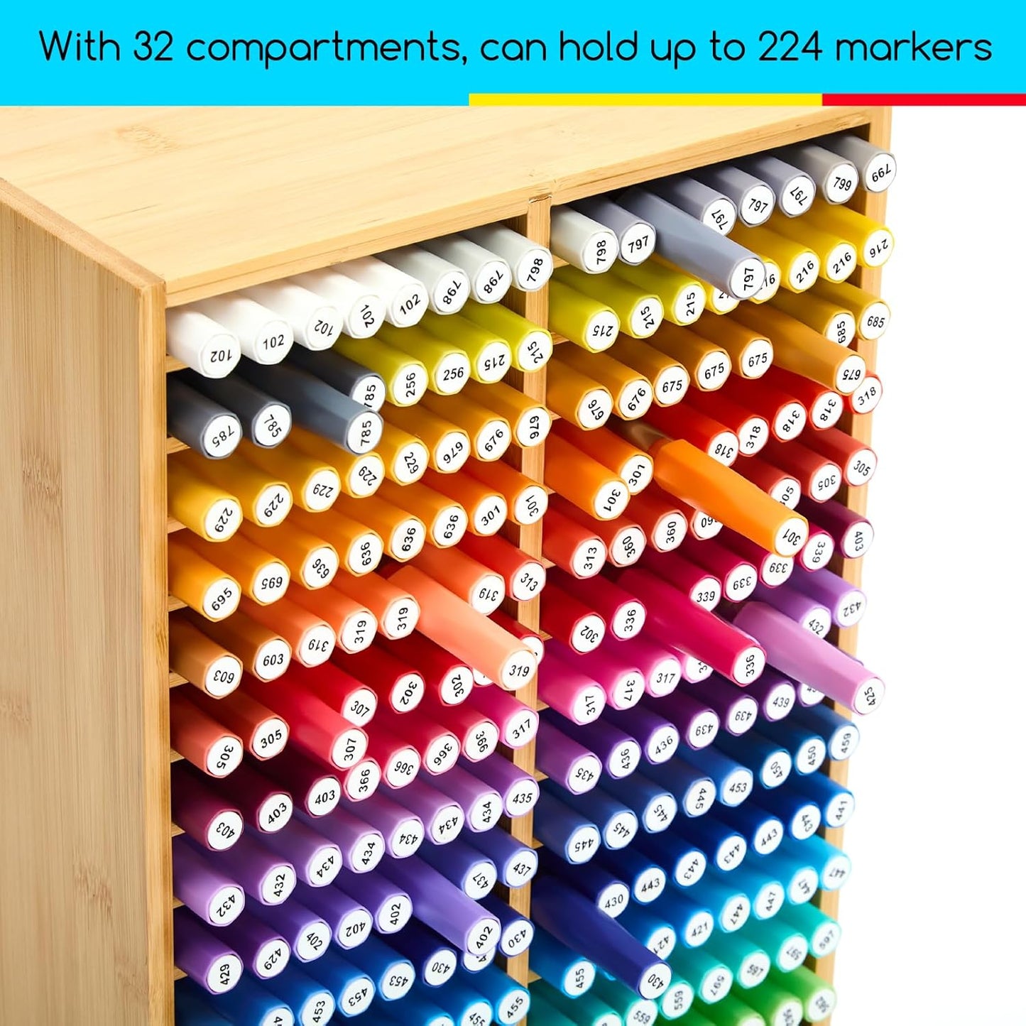 MEEDEN Bamboo Marker Organizer for Desk: Holds 224 Pens with 32 Compartments- Art Supply Storage & Holder for Alcohol Markers，Pens，Pencils