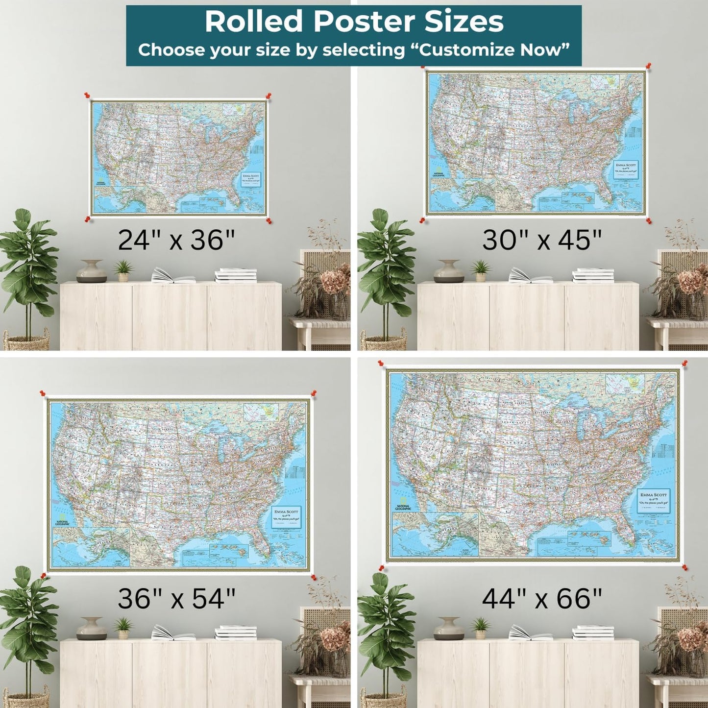 Personalized Canvas Rolled Poster USA Map Wall Art with Pins – Large 24" x 36" Classic Map of the USA – Push Pin Travel Decor for Home or Office