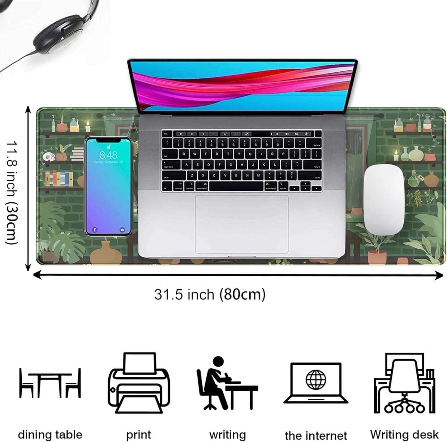 Kawaii Rainy Night Desk Mat Green Plants Gaming Mouse Pad XL, Aesthetic Anime Black Cat Desk Pad Laptop Computer Keyboard Mouse Mat, Desktop Decor Accessories for Girl Women Office 31.5"x11.8"