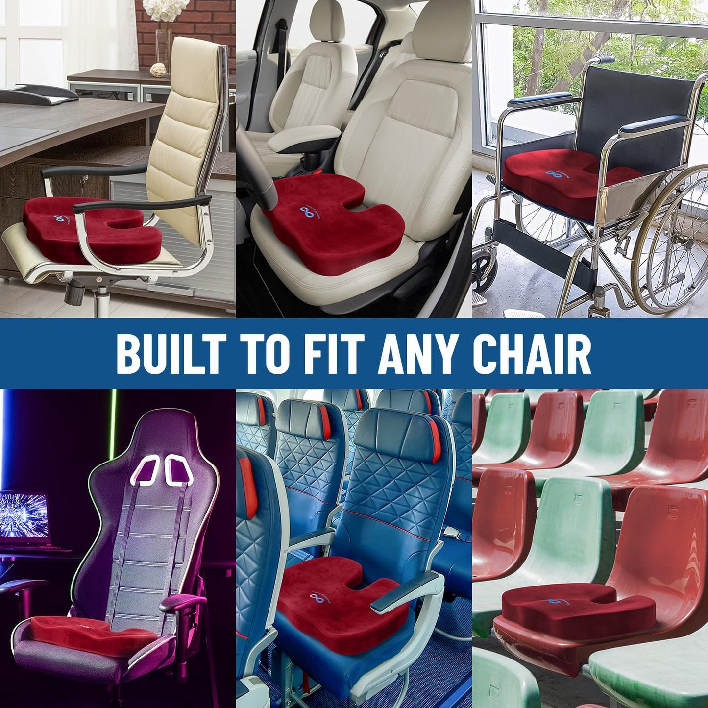 Everlasting Comfort Doctor Recommended Memory Foam Seat Cushion for Office Chairs & Car - Ergonomic Office Desk Accessories - Cushions for Tailbone Pain Relief, Sciatica (Red, Large)