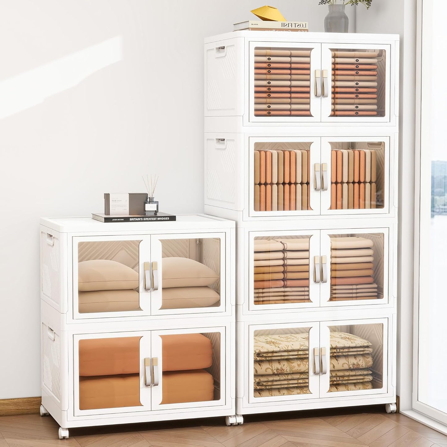 Large Stackable Storage Bins with 2 Lids, 990QT-165QT*6Tier Foldable Cabinet for Closet Organizers, Plastic Storage Containers Box with Wheels