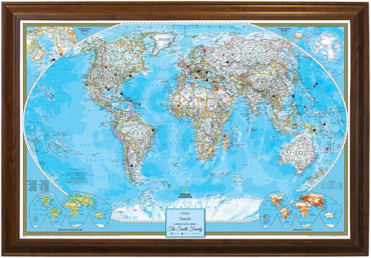 Canvas Classic World Map Pin Board – Framed Travel Map with Pins for Wall – Personalized Push Pin World Map for Tracking Journeys – 27.5" x 39.5" Brown Frame