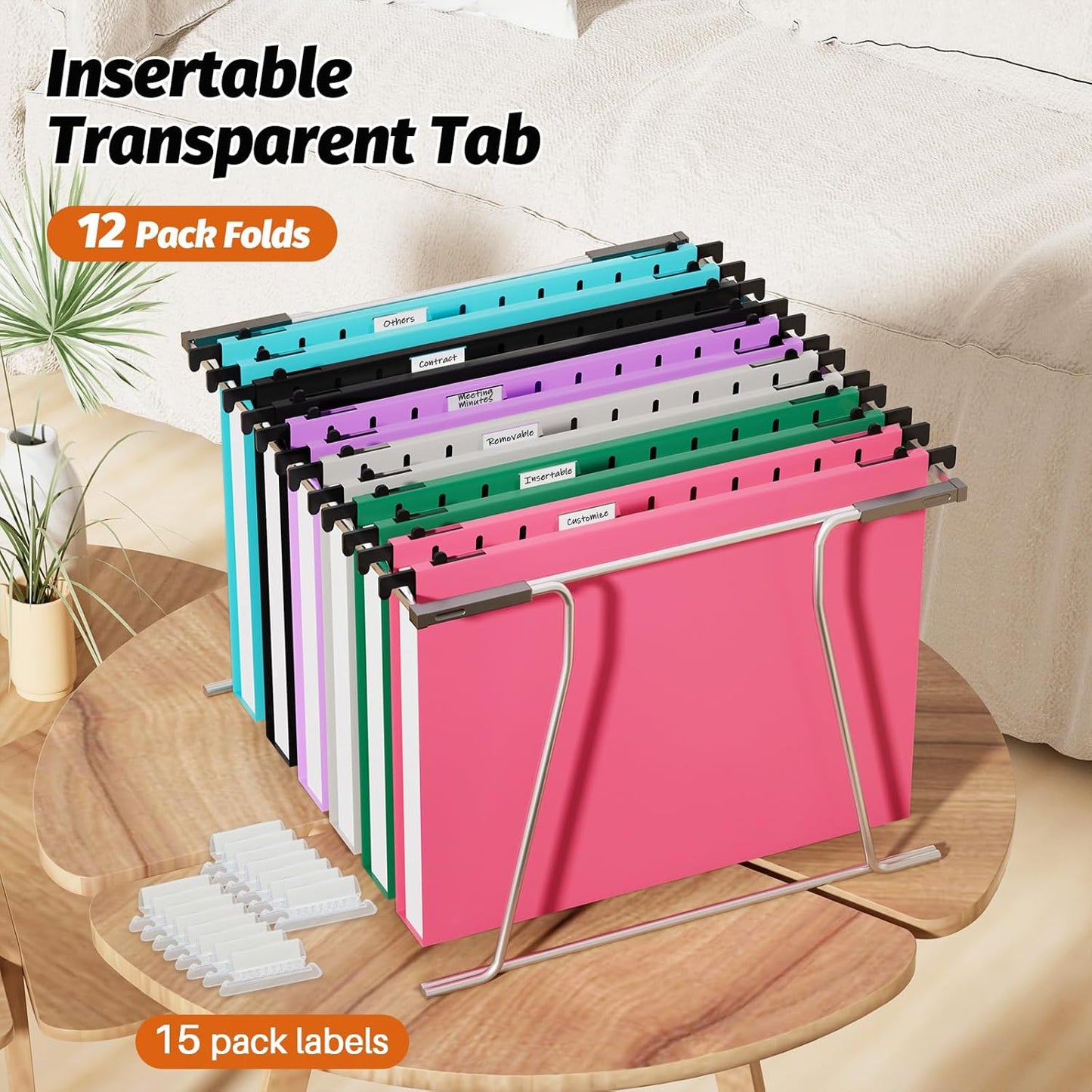 Extra Capacity Plastic Hanging File Folders,12 Pack Reinforced Hang Folder,Heavy Duty 1 Inch Expansion,Filing Cabinet Folders Letter Size for Bulk Files/Medical Charts (No Sealed, Assorted Colors)