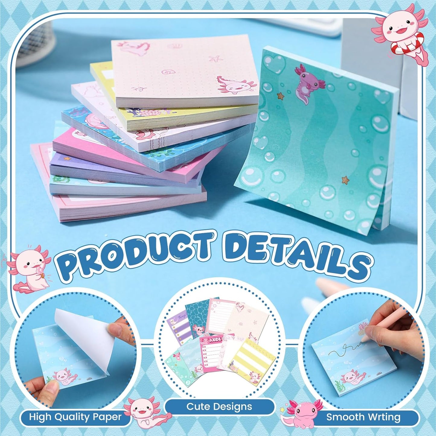 9 Pads Axolotl Sticky Notes 3x3 Inch Cute Self Stick Notepads Notes Adhesive Memo Pad Office Decor Gifts for Students School Teacher Meeting Office Supplies
