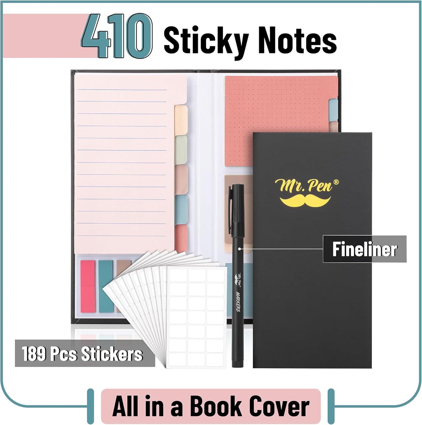 Mr. Pen Sticky Note Set - 410 Pack with Vintage Colors, Transparent and Divider Tabs for Planners