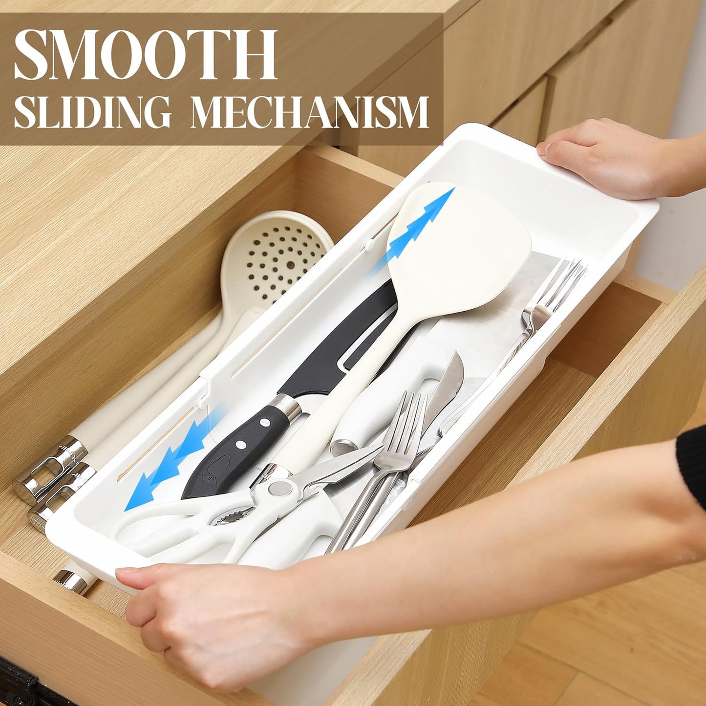 1 Pack Deep Drawer Organizer Bins, Sliding Drawer Organizer Bin Expandable and Adjustable Tray for Kitchen Utensils, Towels, BBQ Tools, Durable Plastic Sliding for Easy Storage (17.4-27.6")