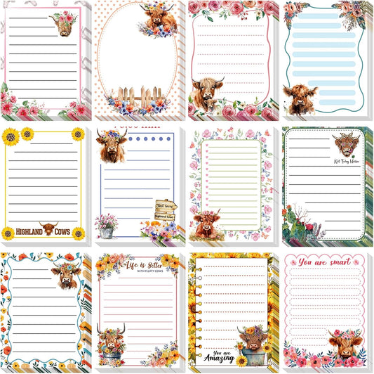 12 Pieces Highland Cow Sticky Notes 3x4 Inch Animal to Do List Just Loves Butterfly Sunflower Memo Notes Highland Cow Gifts Home Kawaii Cute Office Supplies