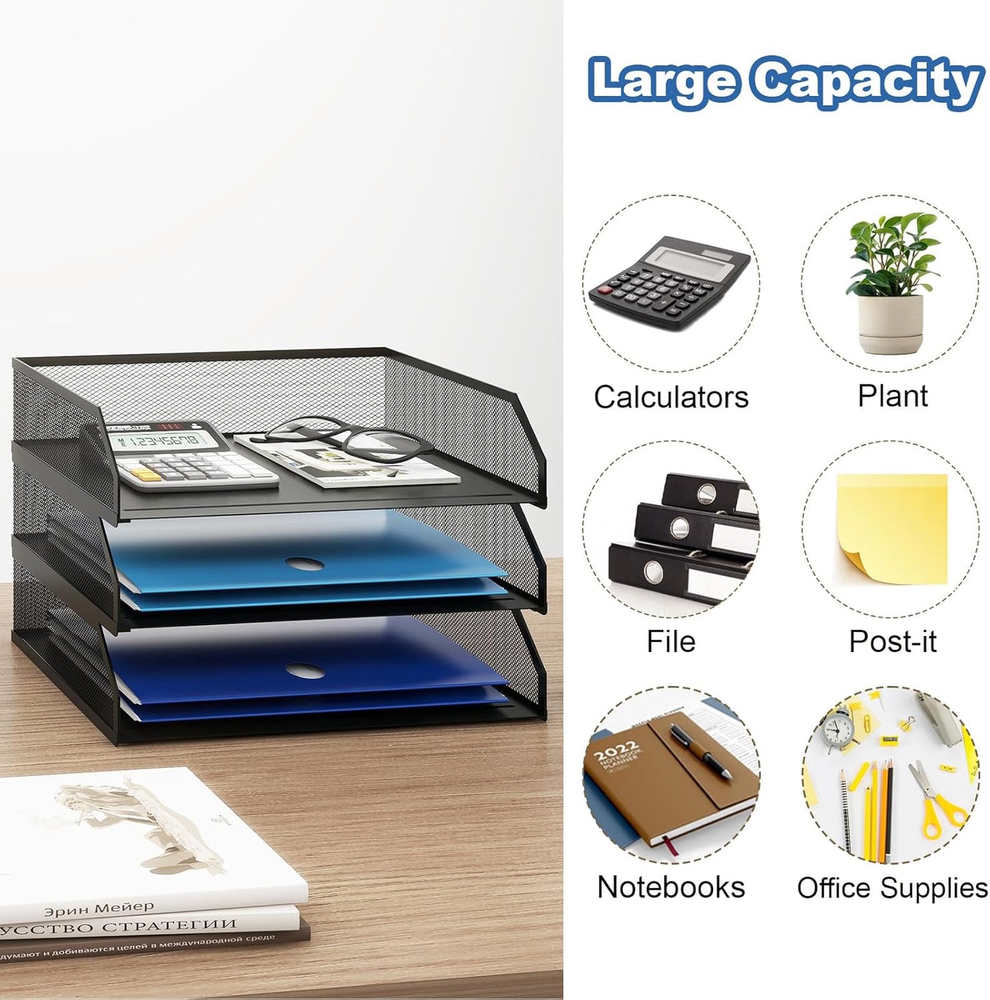 Natwind 3-Tier Stackable Paper Tray, Metal Mesh Desktop Organizer, A4 Paper Sorter, Letter Trays,File Folder Sorter Organizer with Sliding Tray for Home, Office, School (Black)