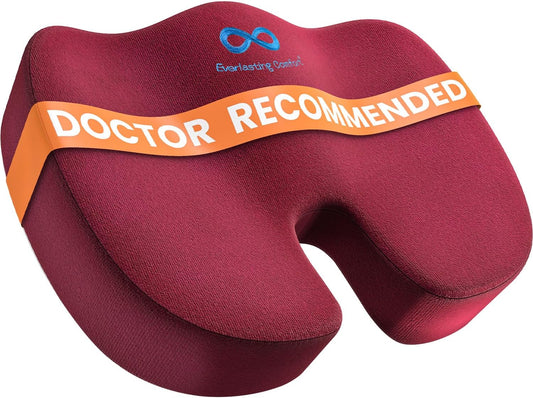 Everlasting Comfort Doctor Recommended Memory Foam Seat Cushion for Office Chairs & Car - Ergonomic Office Desk Accessories - Cushions for Tailbone Pain Relief, Sciatica (Red, Large)