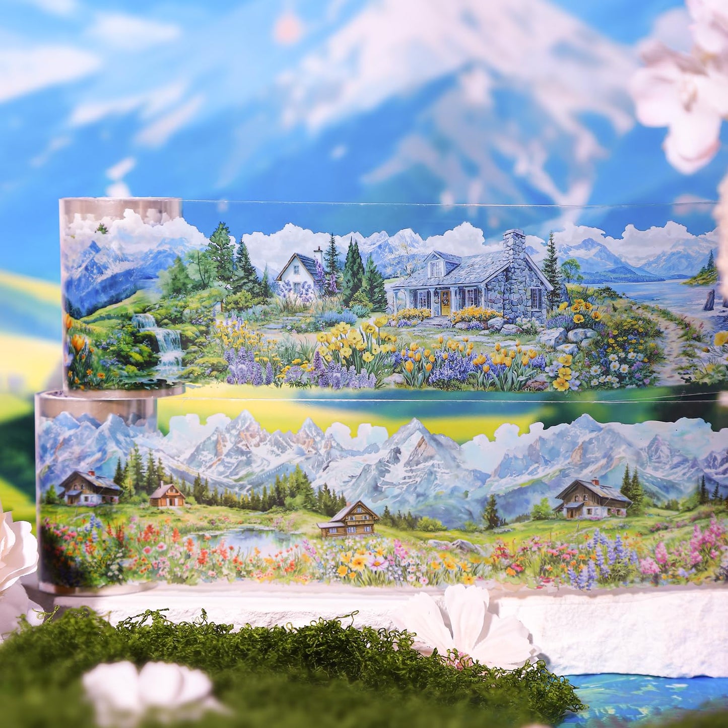 Alideco 6pcs Decorative Adhesive Tapes Vintage Small Town Idyllic Mountain Scenery PET Tape Great for Bullet Journal Supplies, Arts, Scrapbook, DIY Crafts, Planners (xiaozhenmanye)